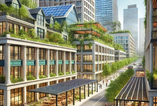 DALL·E 2025-03-11 15.00.21 - A modern urban environment showcasing sustainable building rehabilitation. The image features a mix of renovated historical buildings and newly design